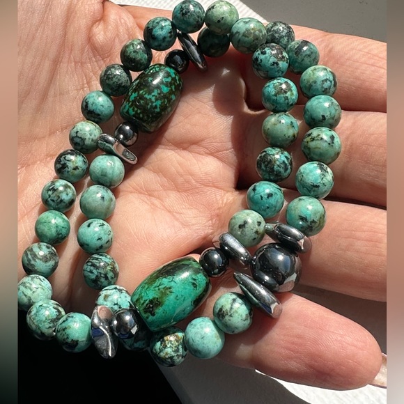 AFRICAN TURQUOISE + HEMATITE NATURAL STONES BRACELET SZ 7” set - Picture 9 of 10